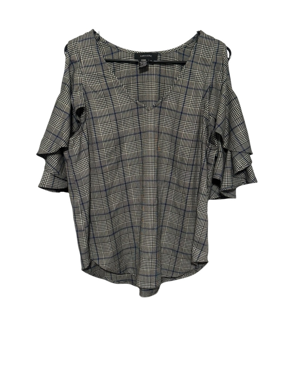 Karen Kane Plaid Ruffle Sleeve V-Neck Top - Black/Gray